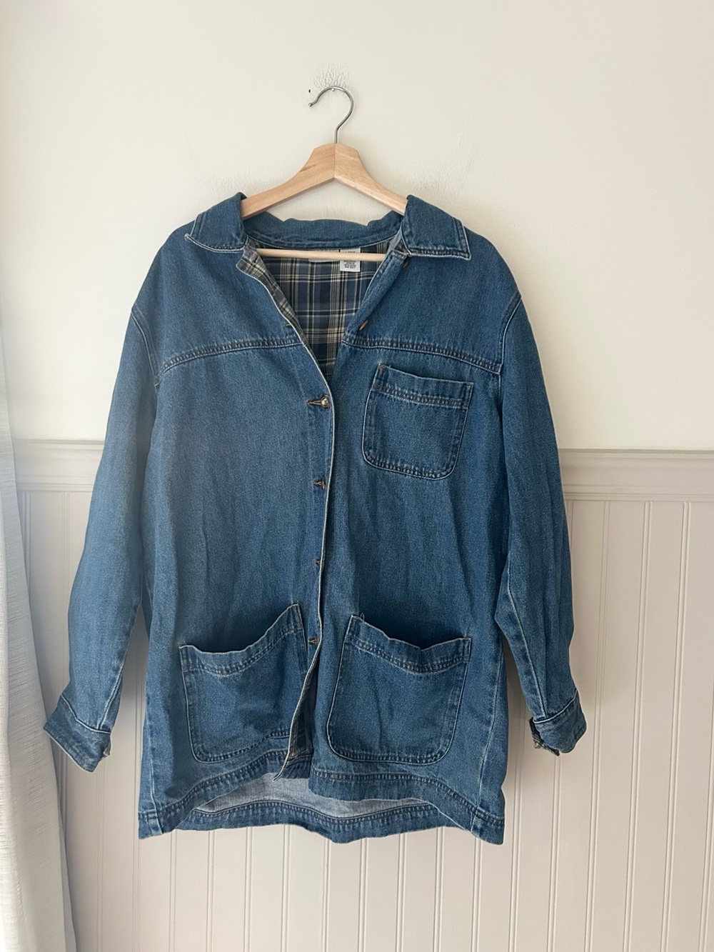 Vintage Cabin Creek Large Denim Barn Chore Coat Plaid Flannel Lined 100% Cotton